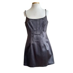 NWT Bianca Nero Satin Steel Gray Stretch Spaghetti Strap A Line Mini Dress Sze L